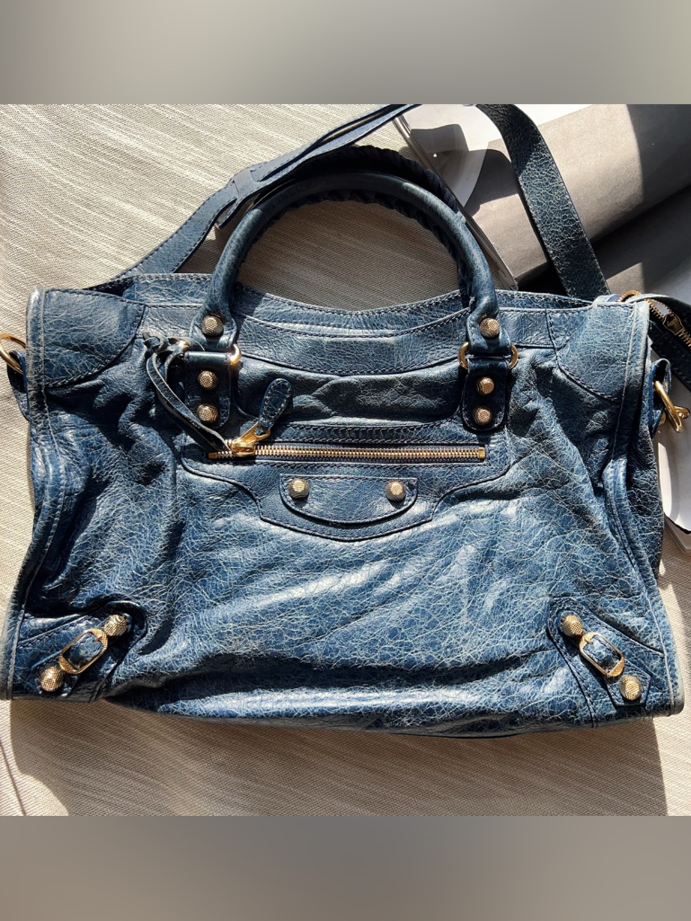 Balenciaga Blue Lambskin Leather Giant 12 Gold City Bag❌sold❌
